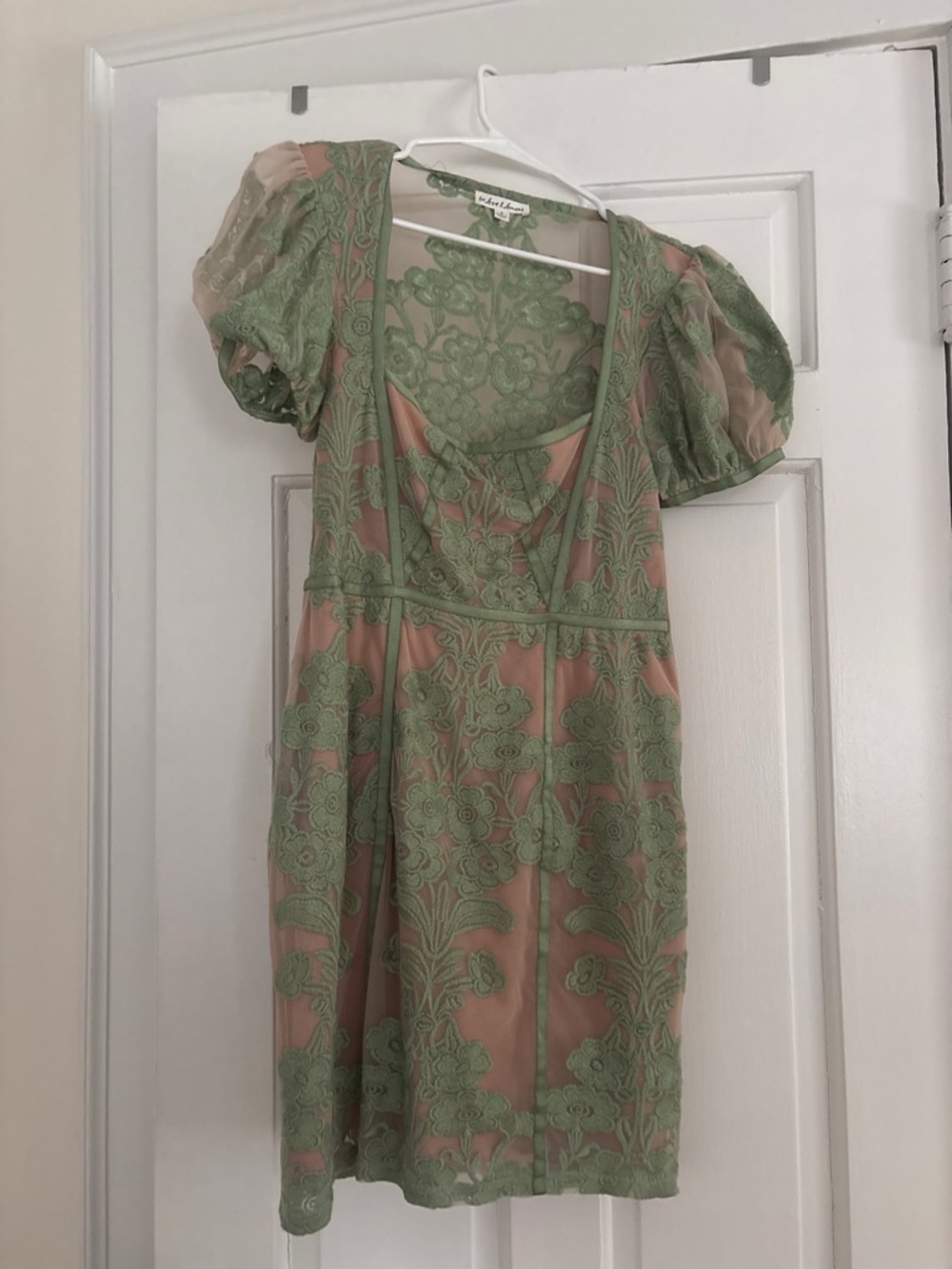 For Love And Lemons Green Lace Overlay on Blush Mini Dress